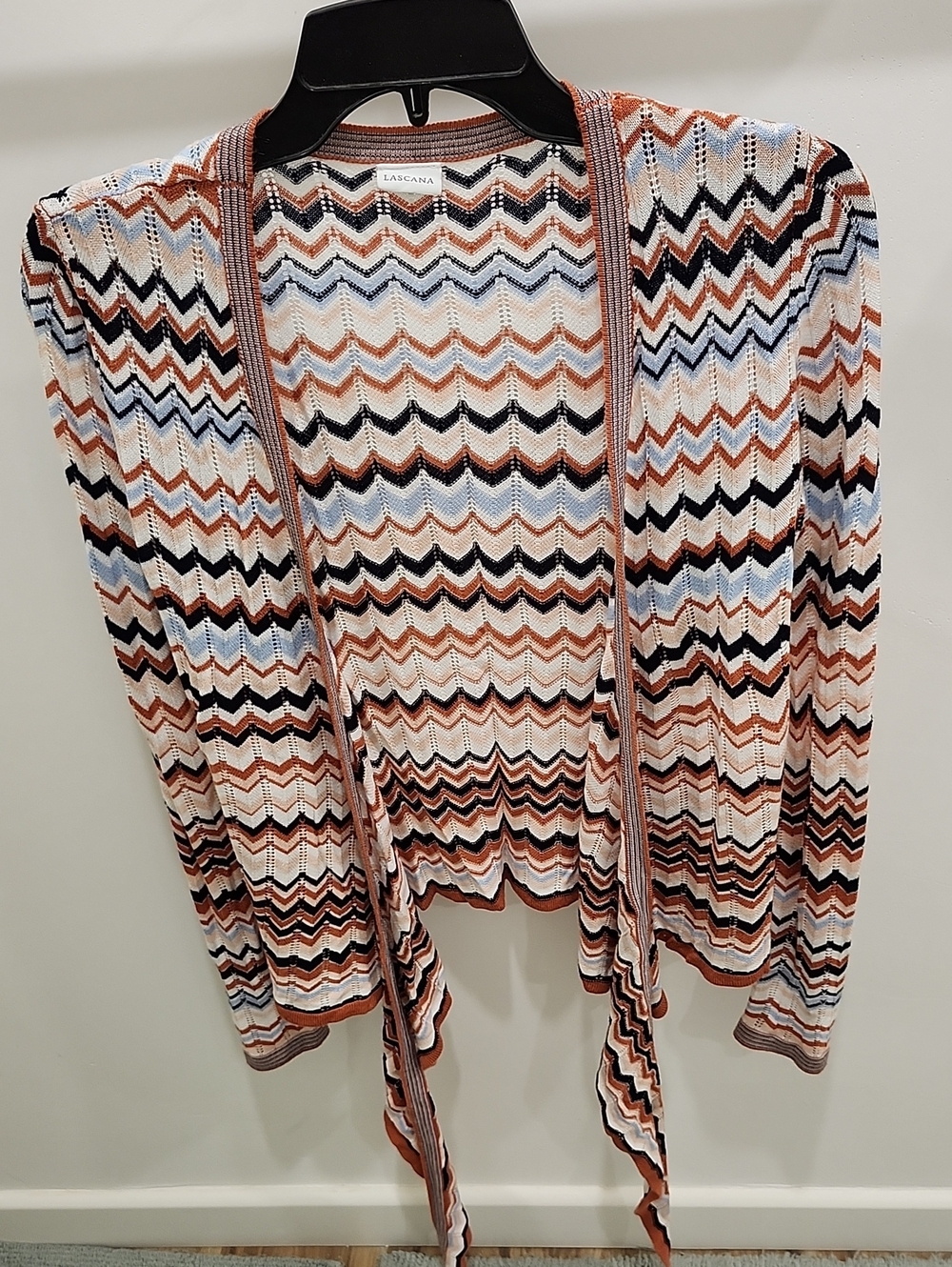 Rust, Black, Rust Multi Chevron Open Cardigan